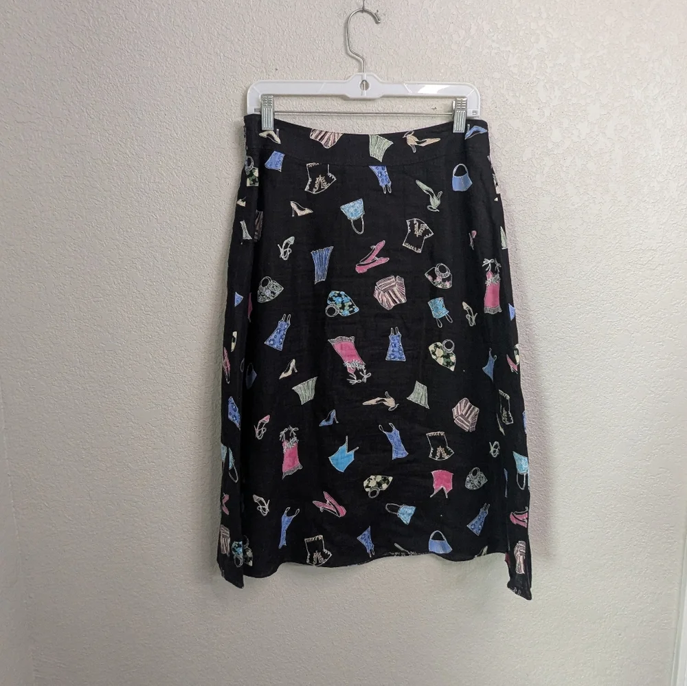 Liz Claiborne Linen Black A-Line Skirt Size 8 Knee Length Fashion Novelty Print